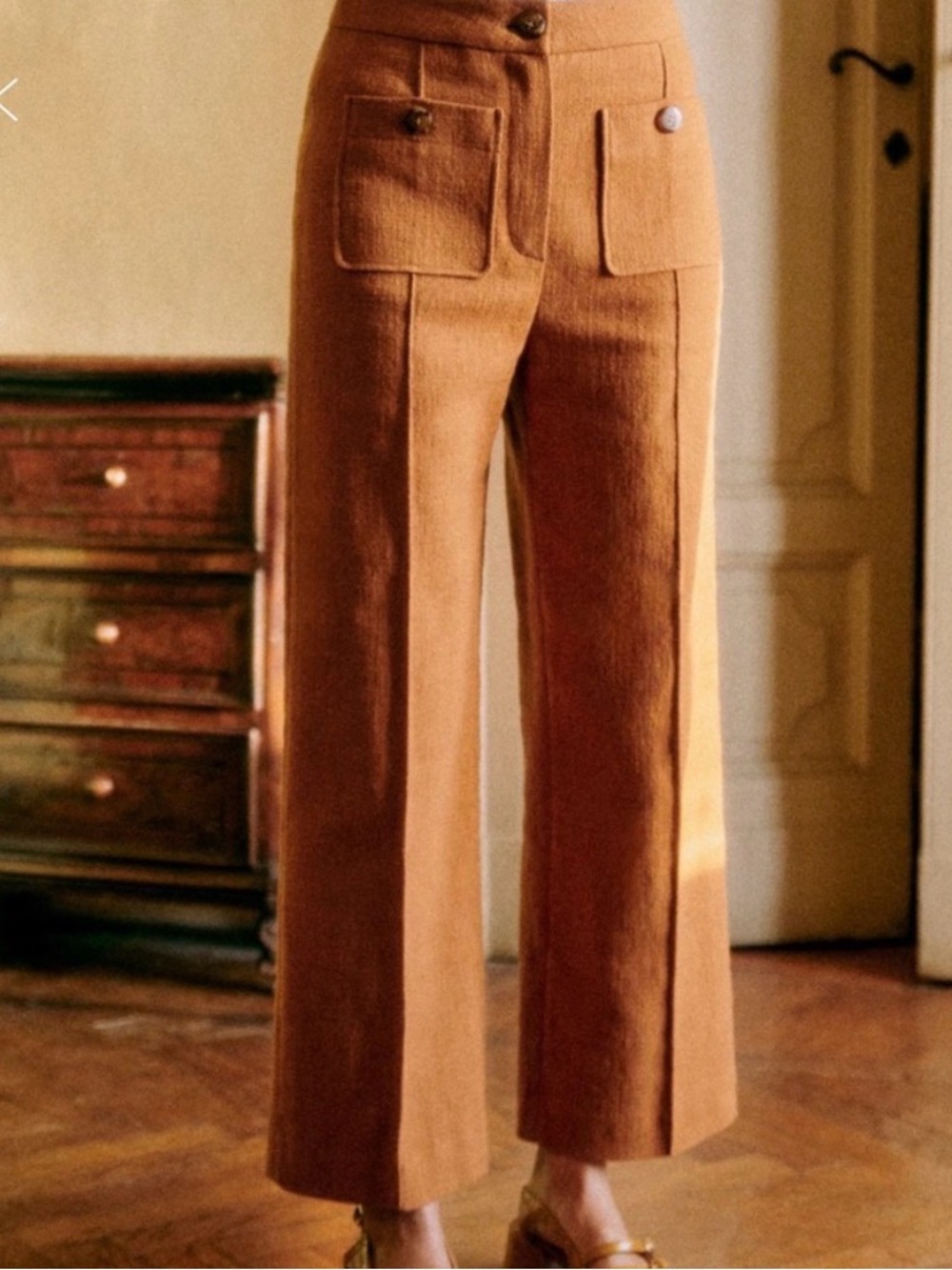 Sézane Emilio Trousers in Ochre Camel Women's Size 8 FR 40 Wide-Leg Pleated NWT